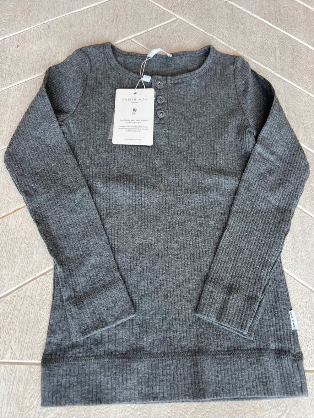 NWT Jamie Kay dark grey marle ribbed Henley long sleeve tee 4Y